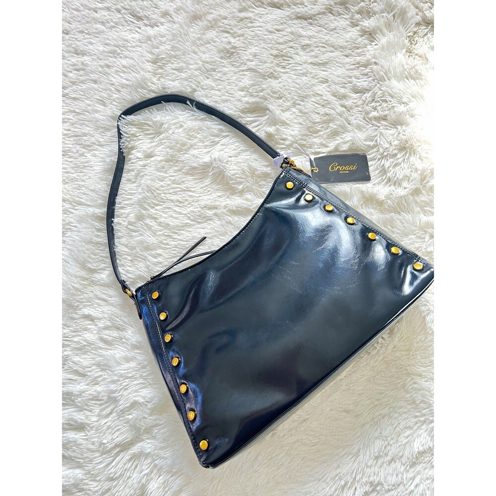 Crossi New York Black Shoulder Bag Faux Leather Studded Y2K Purse Gold Hardware